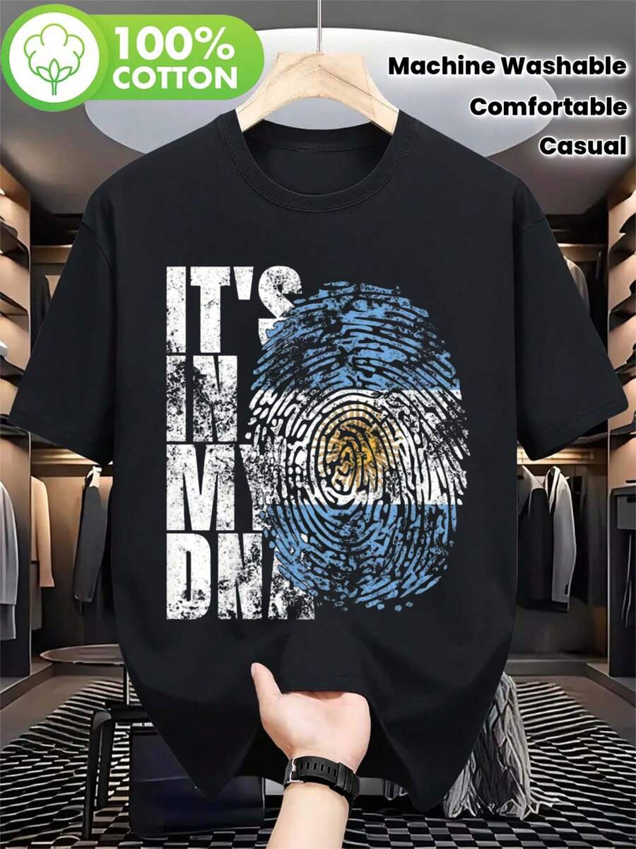 Men's Argentina Flag DNA Fingerprint Pattern T Shirt - "This Is In My.. DNA Lining"Casual Streetwear,Soft Round Neck T Shirt,Suitable For Outdoor Activities And Daily Wear - The Ideal Gift For Him,Machine Washable,Comfortable To Wear. - Black - View 1