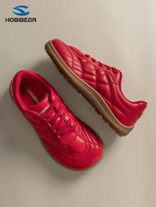 HOBIBEAR Damen Schnür-Stepp Kunstleder Lässig Sportschuhe, minimalistische beige Vintage deutsche Trainer Sneaker, bequeme Gummisohle Alltag Pendeln Skateschuhe - Rot - Übersicht 6