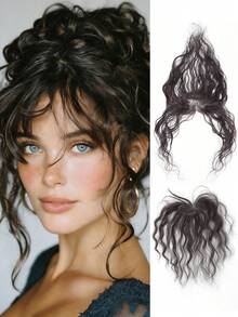 10 Inch Invisible Seamless Hair Topper With Wavy Curls, 12*5cm Handmade Heart-Shaped Net, Bangs On Top, For Adding Volume And Covering Hair Thinning. Long Curly Wig, Natural Invisible Coverage For Gray Hair, With Hair Band And Hair Accessories - Multicolor - View 12