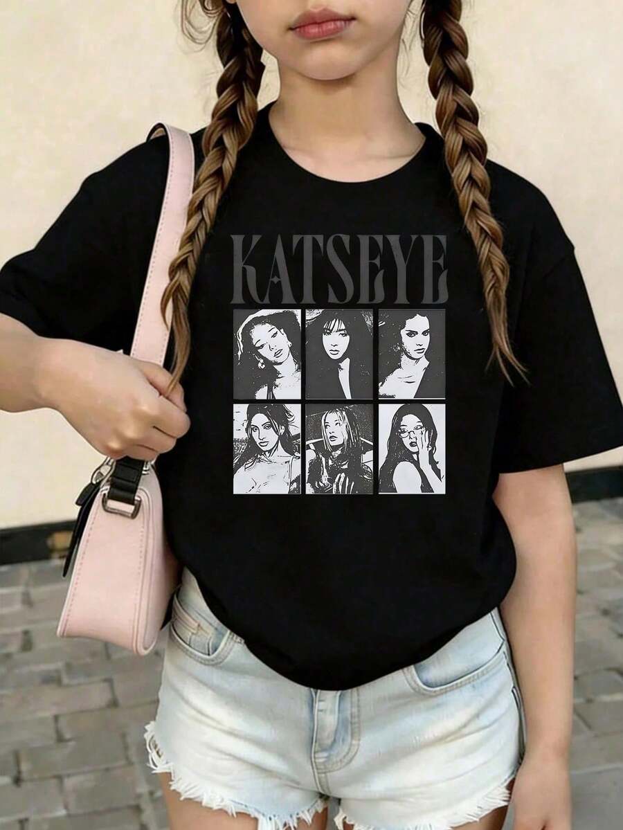 KATSEYE Printed Summer T-Shirts, Vintage Y2K Hip Hop Style, Short Sleeve T-Shirt, Summer Clothes For Girls, Toddler Girls' Clothes, Teen Clothes, Kids' Clothes - 白色 - 查看 1