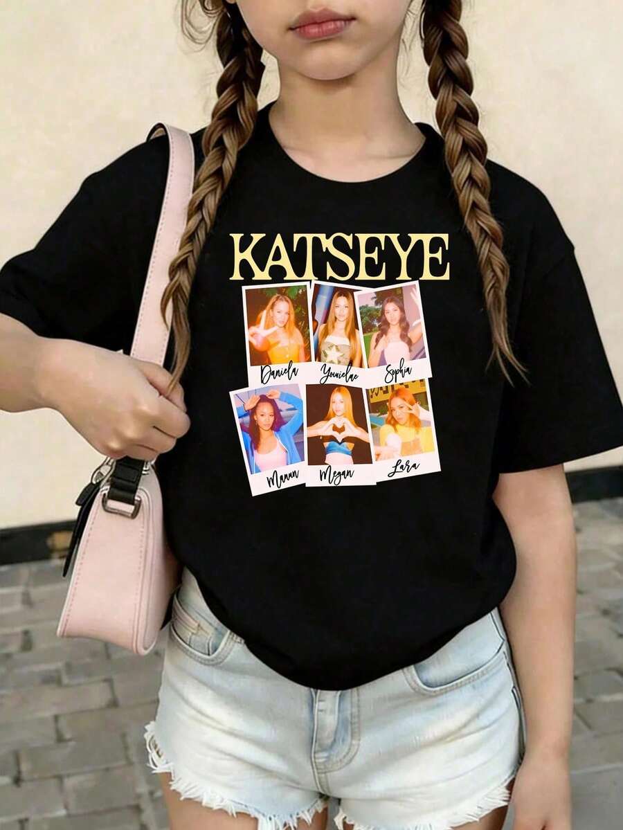 KATSEYE Printed Summer T-Shirts, Vintage Y2K Hip Hop Style, Short Sleeve T-Shirt, Summer Clothes For Girls, Toddler Girls' Clothes, Teen Clothes, Kids' Clothes - 紫丁香色 - 查看 1