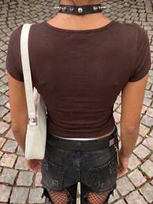 Summer Tee With Retro IP Print, Versatile Shaping, Y2K Street Style, Fan Meetups, Street Shots, Casual Parties. Brown - Brown - View 5