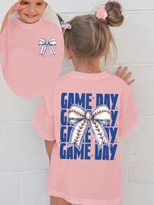 Girls' Short-Sleeved T-Shirt With Baseball Bow Print, A Versatile Everyday Garment, A Comfortable Basic Cotton T-Shirt With A Round Neck, Machine Washable, Suitable - Pink - View 11