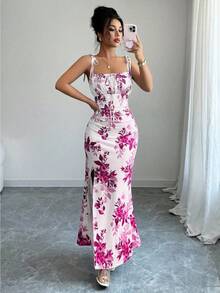 Women's Floral Mermaid Maxi Dress With Thin Straps And Bow, Square Neck, Ruched, Bodycon, For Wedding Guests, Beach Vacations And Date Nights. - 粉色 - 查看 4