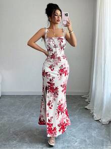 Women's Floral Mermaid Maxi Dress With Thin Straps And Bow, Square Neck, Ruched, Bodycon, For Wedding Guests, Beach Vacations And Date Nights. - 紅色 - 查看 5