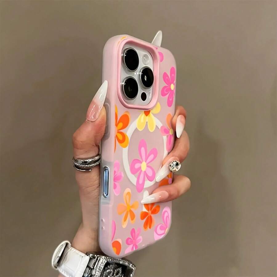 Phone Case: Fashionable And Creative Colorful Floral Pattern Macaron-Colored Skin-Feel Jelly Magnetic Wireless Charging Phone Case, Stylish, Lightweight, High-Quality, Non-Slip, And Fashionable Protection. Simple Design, Scratch-Resistant Shell. - Pink - View 1