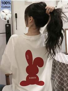 Women's Fashion Summer Round Neck Loose Versatile Minimalist Letter & Rabbit Cartoon Short Sleeve T-Shirt Casual White - White - View 1