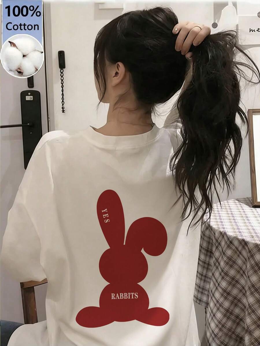 Women's Fashion Summer Round Neck Loose Versatile Minimalist Letter & Rabbit Cartoon Short Sleeve T-Shirt Casual White - White - View 1