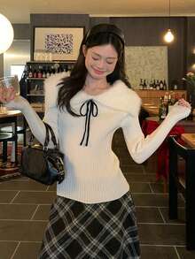 Korean Style Square Neck Faux Fur Collar Long Sleeve Knit Sweater Women Spring Slimming Fitted Base Layer Top - White - View 2