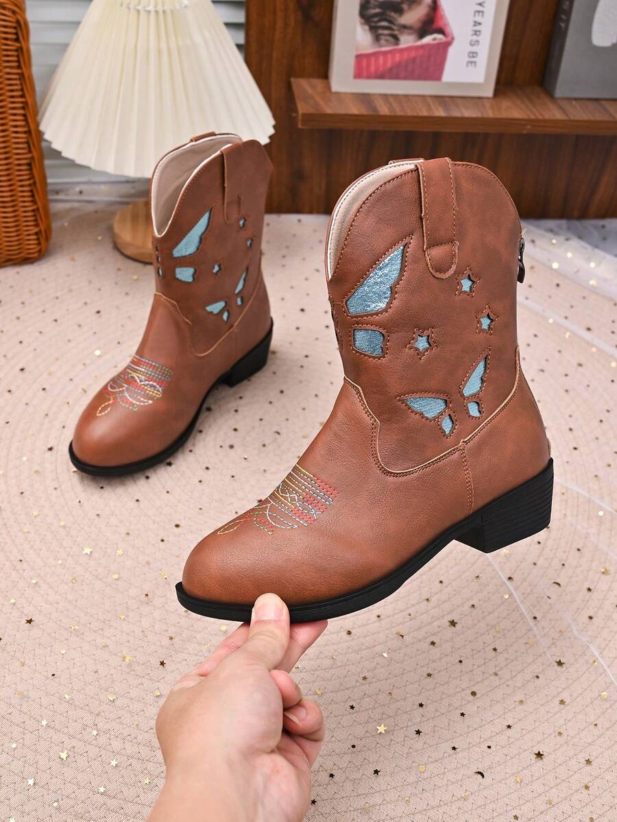 Girls' White Sequin Butterfly Hollow Out Western Cowboy Boots, Rainbow Embroidery Chunky Heel Mid-Calf Princess Ankle Boots, Children's Performance Runway Fashion Boots - Brown - View 1