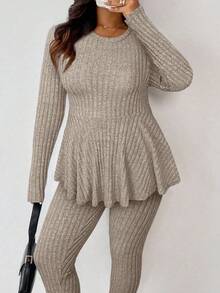 Women's Plus Size Elegant Minimalist Solid Color Round Neck Long Sleeve Top + Tapered Leg Pants 2-Piece Set, Solid Color Ruffle Ribbed Split Hem Loungewear For Home And Daily Wear, Autumn Winter Indoor Outfit - Khaki - View 8