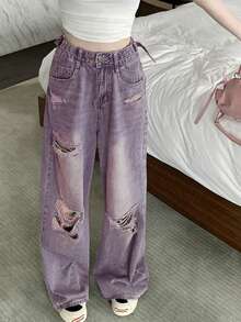 Women's Casual Loose Fit Distressed Wide Leg Jeans With Pockets (Random Stitching) Spring Fall - Purple - View 4