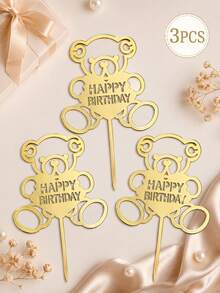 3PCS Gold Mirror Teddy Bear Happy Birthday PMMA Cake Topper, Acrylic Bear Birthday Cake Decoration For Kids Party, Baby Birthday, Dessert Table And Baking Supplies - A - View 8