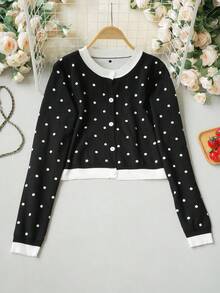 2026 Preppy Polka Dot Knit Cardigan, Elastic Knit Fabric Slimming Cardigan For Women 18-35 Years Old Vacation - Black Background With White Dots - View 9