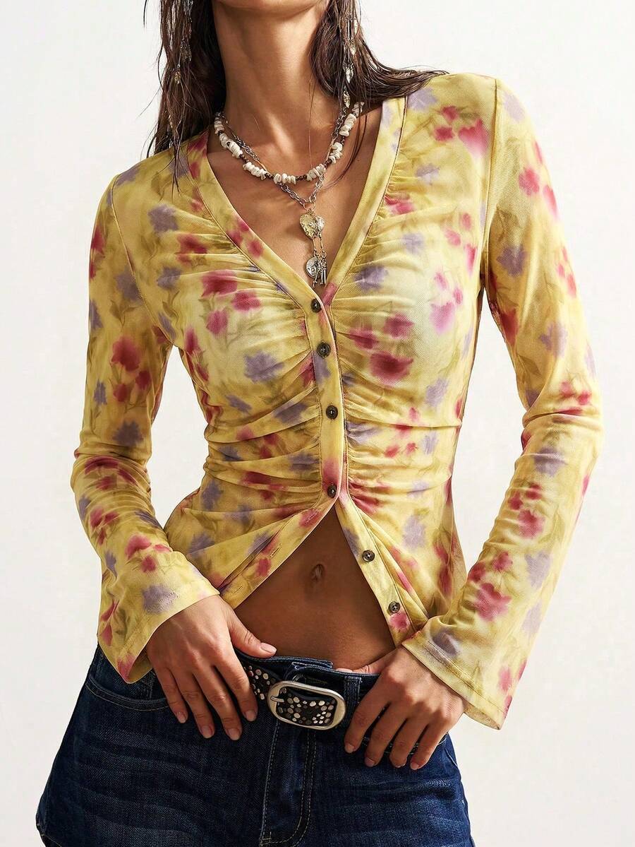 Women's Vintage Bohemian Style Knit Lace V-Neck Blouse, Perfect For Holidays, Simple And Casual Everyday Wear - 多色 7 - 查看 1