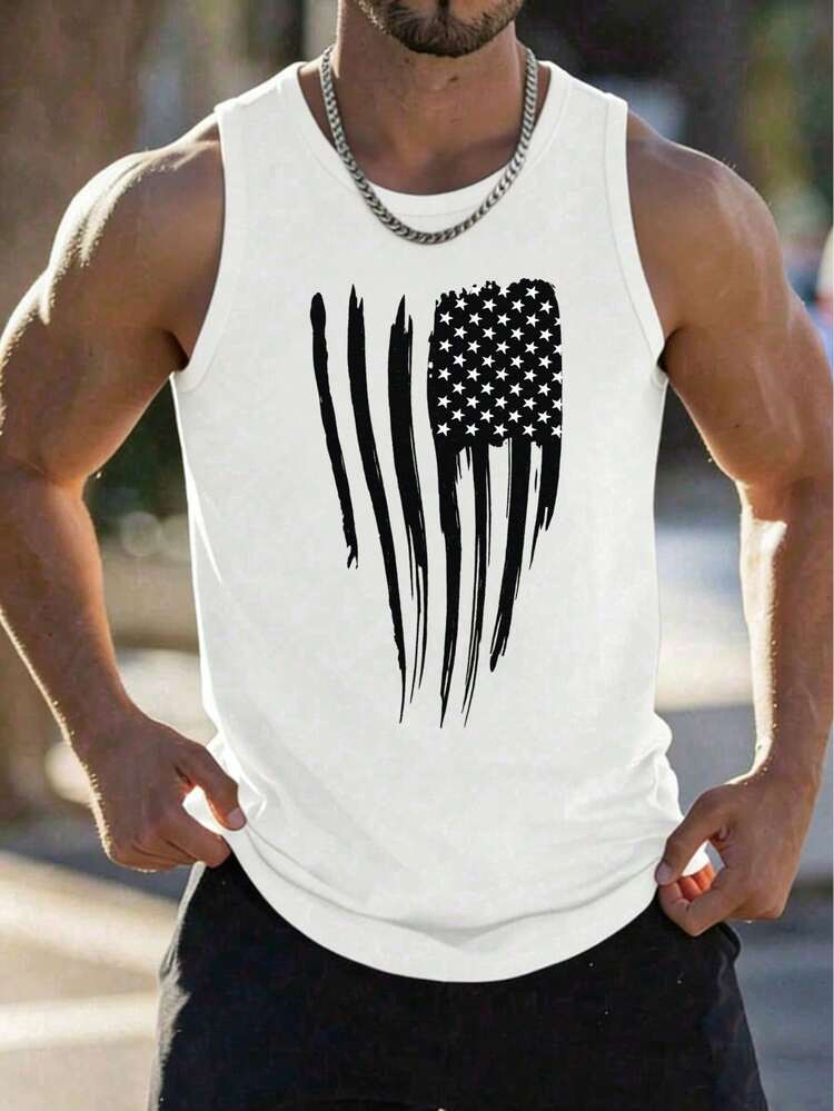 Explosive Men's Fashion, American Flag Print Tank Top, Casual Style For Men, Summer. - 香檳色 - 查看 1