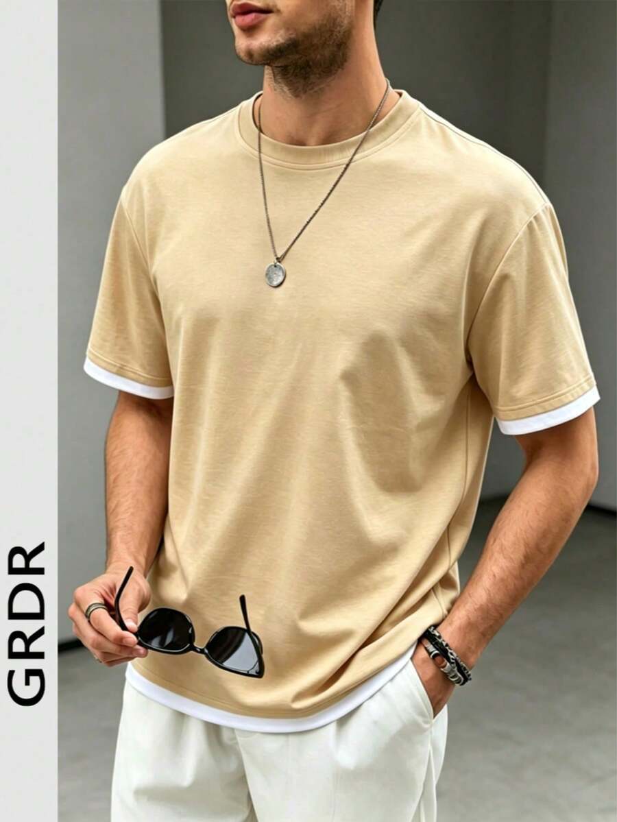 GRDR Men's Classic 2 In 1 Round Neck Short Sleeve T-Shirt, Fashionable Minimalist Commuting Versatile - Apricot - View 1