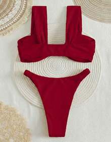 Women's Bikini With Thick Straps, Ruched Detail, High-Cut Bottom, Beachwear, Summer Style - Rojo - Ver 5