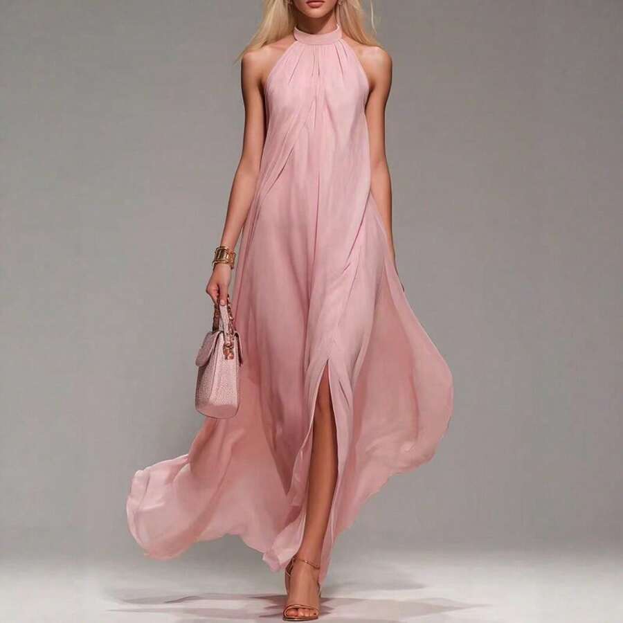 Vestido de mujer de moda superventas en color rosa, diseño halter que deja los hombros al descubierto, falda larga elegante y fluida con abertura alta, perfecto para viajes y vacaciones. - Rosa - Ver 1