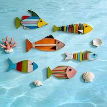 6pcs Set - Mediterranean Style Vintage Fish Wall Decor, Fish-Shaped Wall Hanging Decoration, Wooden Fish School Wall Art, Suitable For Bathroom, Bedroom, Living Room, Model Home, B&B, Hotel, Wooden Wall Decor - 111 - View 1