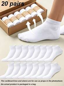 20 Pairs Men's Solid Color Boat Socks, Sweat-Absorbent, Breathable, Comfortable Invisible Socks, Suitable For Daily Wear, Sports, Business, Unisex, All Seasons, Best Gift Choice For Back To School And Holidays, Available In 1 Pair/10 Pairs/20 Pairs - White - View 9