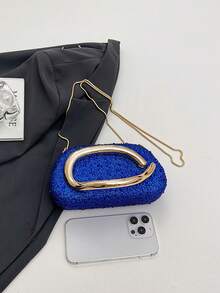 Women's Rhinestone Rounded Rectangular Evening Clutch, Front Curved Oval Handle Handbag, Fashion Crossbody Bag, Suitable For Wedding, Ball, Valentine's Day Party - Blue - View 8