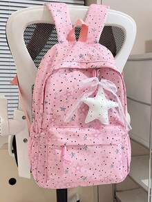 1 pieza Mochila con patrón de estrellas para niñas, mochila de nailon para adolescentes con cierre de cremallera, gran capacidad, sin colgante - A - Ver 10