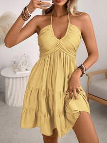 Women's Halter V-Neck Mini Dress, Ruched And Layered, Sleeveless, Ideal For Beach Vacations, Casual Daily Wear And Outdoor Picnic Outfits. - 檸檬黃 - 查看 5