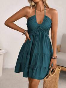 Women's Halter V-Neck Mini Dress, Ruched And Layered, Sleeveless, Ideal For Beach Vacations, Casual Daily Wear And Outdoor Picnic Outfits. - 孔雀藍 - 查看 3