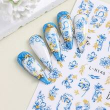 Chinese Vintage Blue White Porcelain Nail Stickers 3 Sheets, Embossed Blue Floral Gold Foil Flower Leaf Nail Decals, Self Adhesive Waterproof Nail Art Transfer Sliders Design For Natural Fake Press On Nails DIY Manicure Accessories - Multicolor - View 4