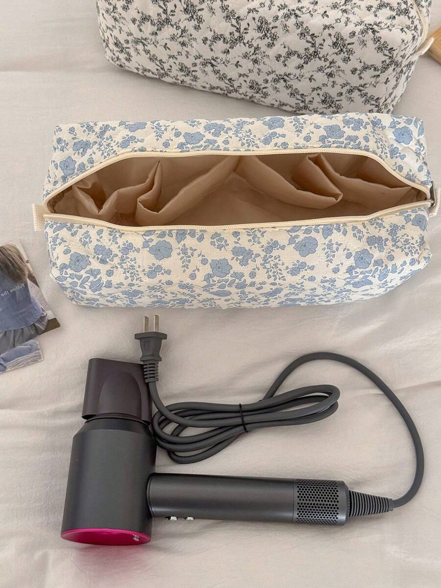 Floral Quilted Hair Dryer Bag, Fabric Hair Dryer & Curling Iron Storage Pouch For Women, Daily/Travel Makeup Brush, Cosmetic Accessories, Data Cable Organizer, Portable Multi-Function Storage Bag - Multicolor - View 1
