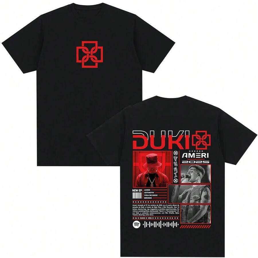 Camisetas de Merch de la Gira 2025 del Rapero Duki Ameri para Hombres y Mujeres, Camiseta de Moda Hip Hop Vintage, Pantalones Cortos de Algodón Casual, C - Negro - Ver 1