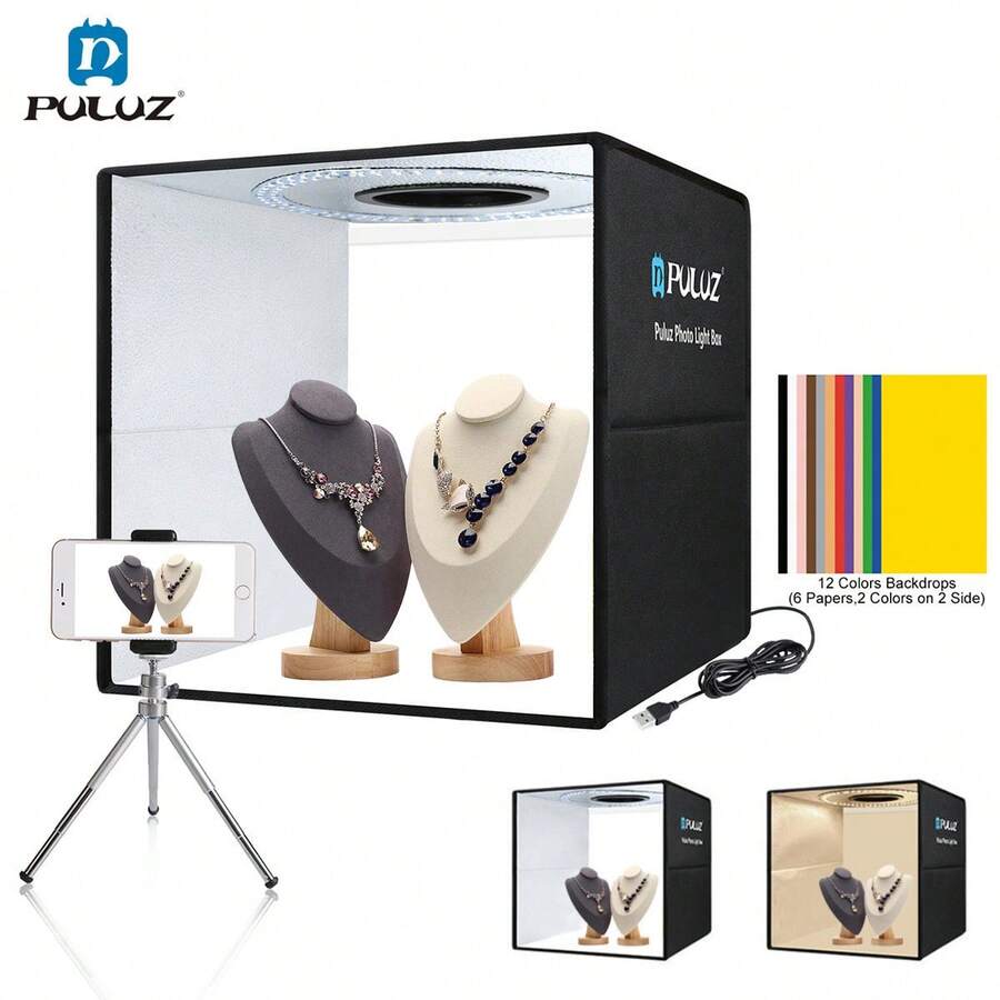 Puluz Caja de luz de estudio fotográfico (9.8*9.8 pulgadas/25*25cm) Kit de estudio portátil plegable de instalación rápida con tela de luz suave, tienda de fotografía o equipo de luz blanca, con 12 fondos de colores (6 papeles, 2 colores en 2 lados) Negro