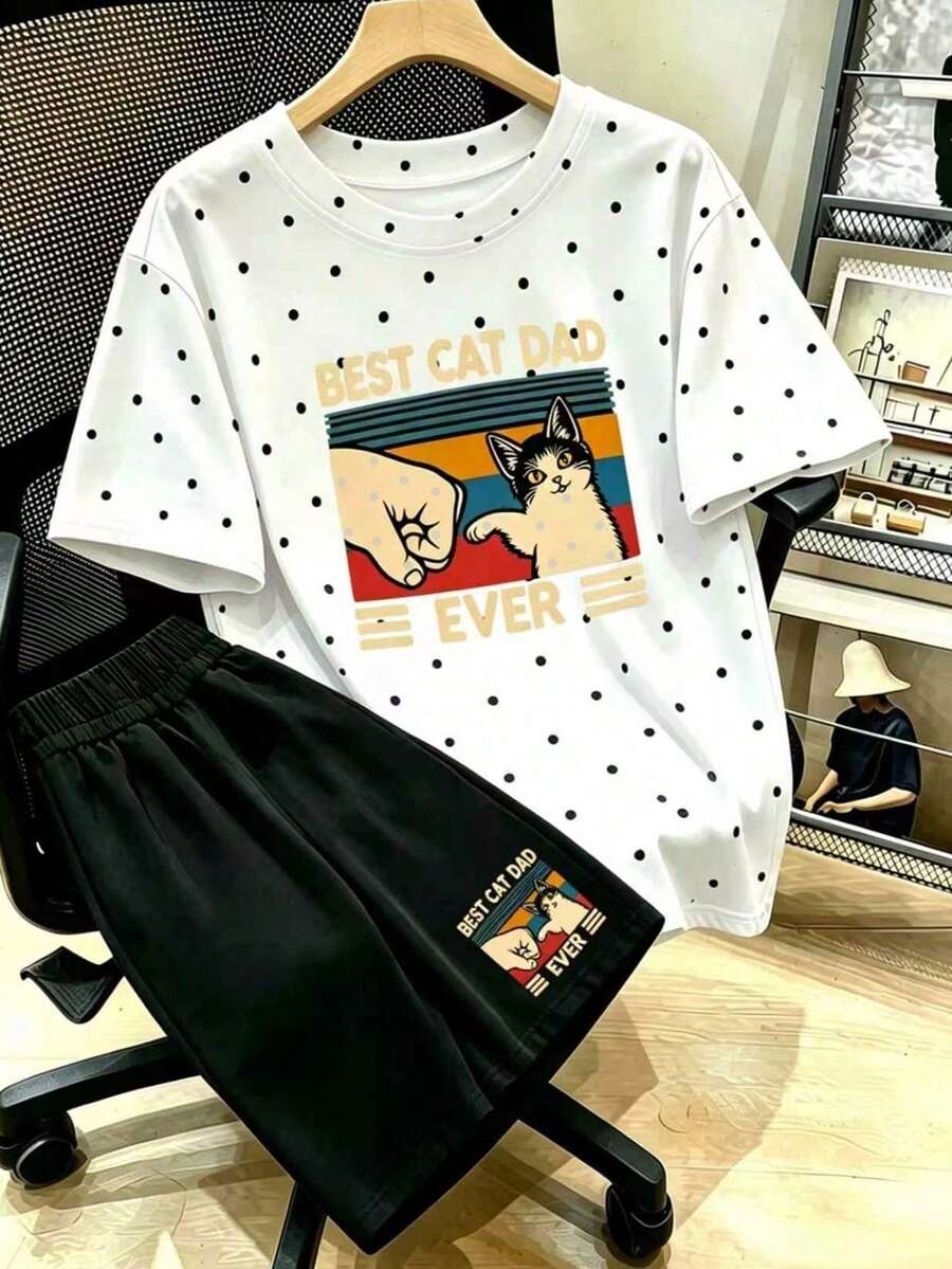 貓咪拳擊擊掌旗幟字母印花波點上衣與短褲兩件套,大尺碼女款夏季休閒波點兩件套優雅 - 彩色 - 查看 1