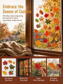 Warm Tone Thanksgiving Static Window Stickers, Leaf Window Decals, Double-Sided Maple Leaf Stickers, Suitable For Cabinet Doors, Bathroom Glass Windows, Home Decor, Electrostatic Adhesion - Maple Leaves - View 6