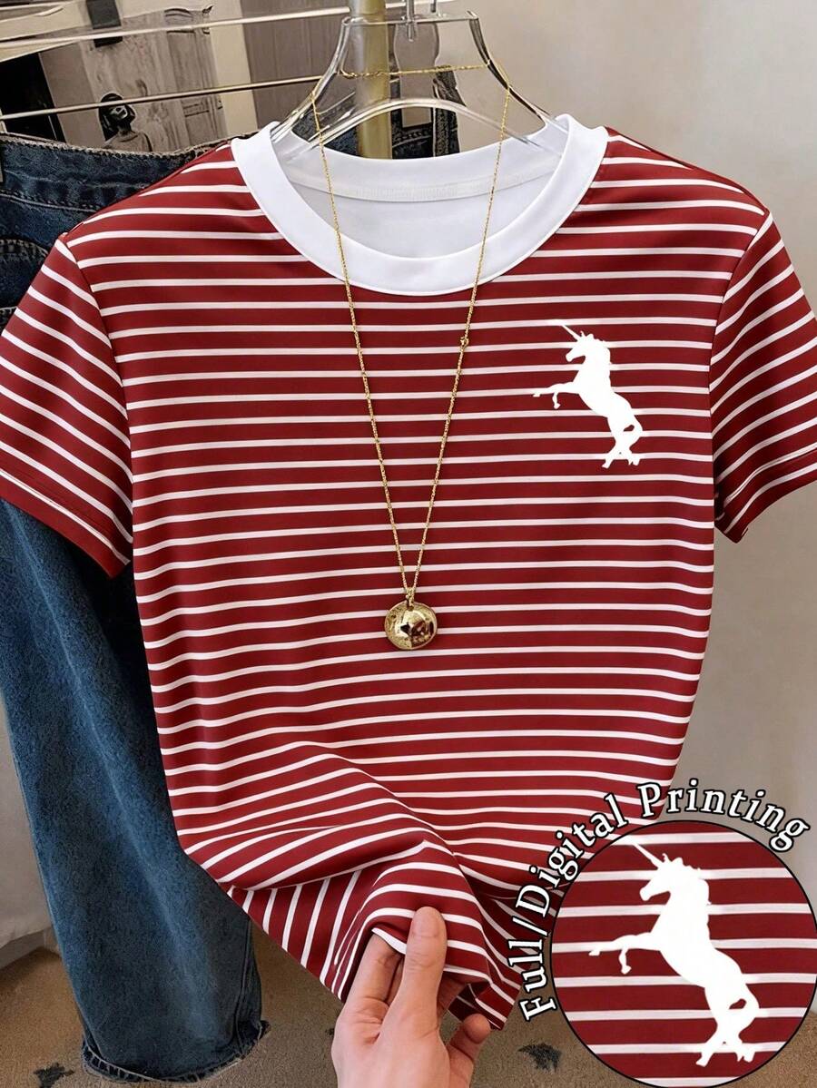 Resyla Women's Short Sleeve T-Shirt With Round Neck And Striped Print, Suitable For Summer Holidays And Everyday Wear - Aneka warna 10 - View 1
