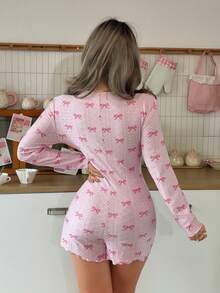 1件女款V領蝴蝶結印花居家連身褲 - 粉色 - 查看 3