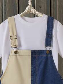 Girls' Denim Overalls, Personalized Fashion Casual Colorblock Patchwork Design, Street Utility Style, Multi-Pocket Loose Jumpsuit Long Pants, Suitable For Spring, Summer, Autumn, Winter, Back To School, Daily Casual Wear - Apricot - View 3