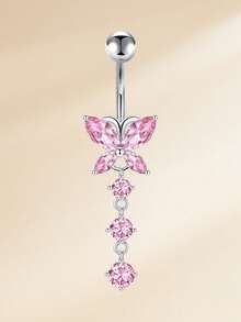 Pink Belly Rings Belly Button Ring Dangling Navel Belly Piercing Jewelry Pink CZ Butterfly Flower Navel Belly Rings Dangling Belly Button Piercing - Silver Pink - View 7