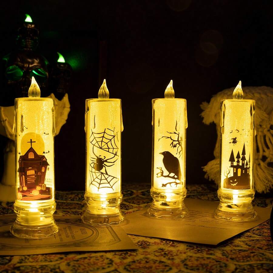 4 piezas de velas electrónicas LED brillantes de Halloween con base, luces decorativas de atmósfera de terror con araña, castillo, cuervo y bruja, luces decorativas para dormitorio, luces de noche para mesa de noche, accesorios para arreglo de escenas, velas electrónicas decorativas, velas brillantes de atmósfera de terror - Amarillo - Ver 1