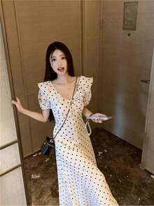 Women Long Dresses - White Polka Dots - View 7