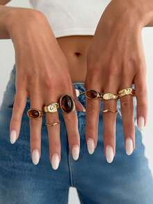 8pcs Vintage Oval Amber Thick Gold Stackable Ring Set, Asymmetrical Hammered Metal Twisted Thin Rings, Multi-Layer Women's Daily Wear Finger Jewelry - Light Gold - View 1