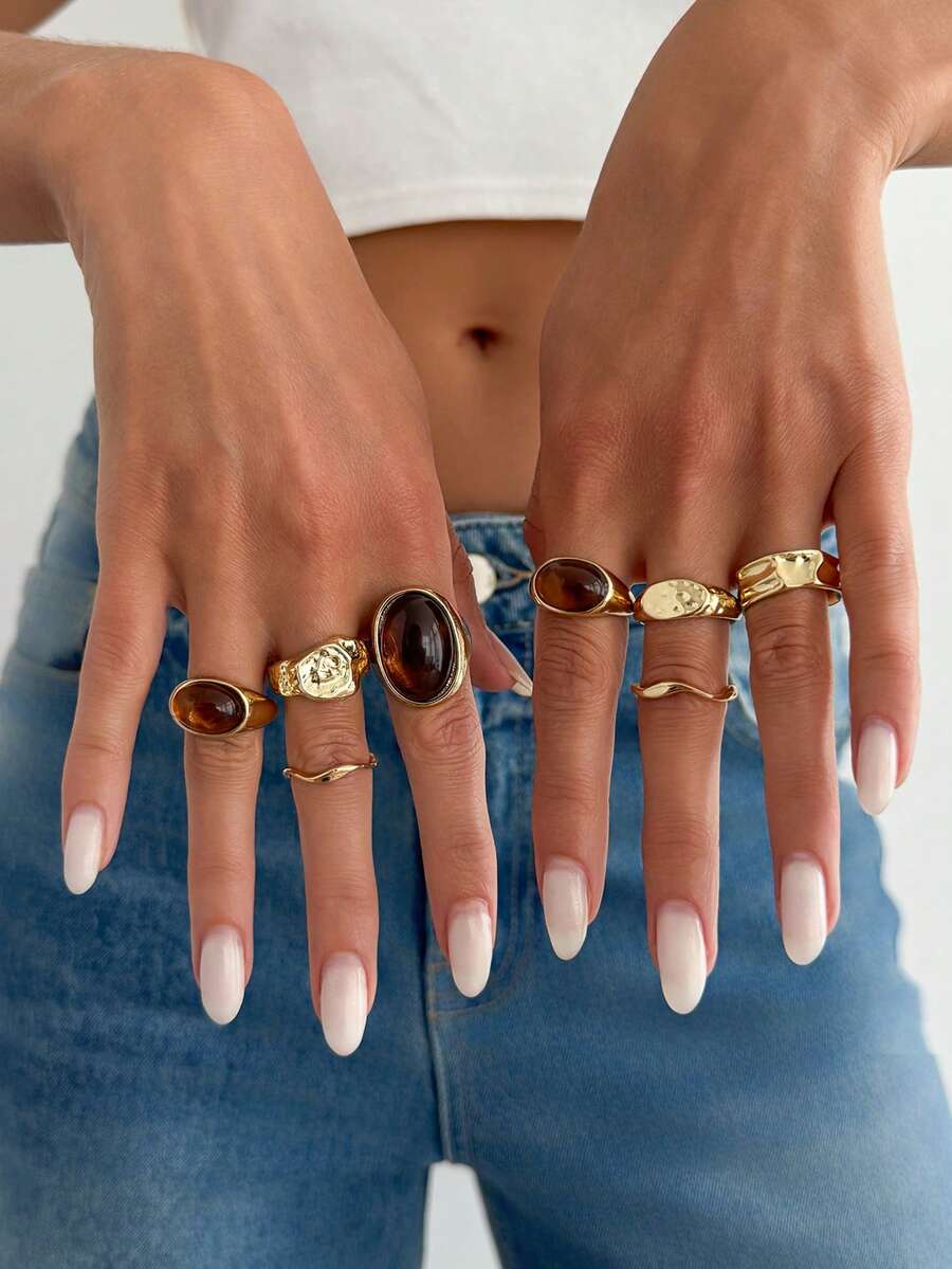 8pcs Vintage Oval Amber Thick Gold Stackable Ring Set, Asymmetrical Hammered Metal Twisted Thin Rings, Multi-Layer Women's Daily Wear Finger Jewelry - Light Gold - View 1