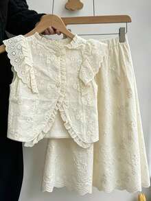 M.Dian xi Girls' 2pcs Set Summer New Korean Style Elegant Mori Style Flutter Sleeve Blouse And Thin Skirt - Beige - View 2