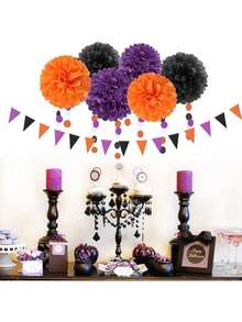 1Set Halloween Themed Baby Shower Decorations Paper Flower Pom Poms Triangle Flag Streamer Set - Multicolor - View 5