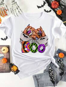 BOO Halloween Manicure Print T-Shirt, Short Sleeve, Round Neck, Casual Style For Summer And Spring, Women's Clothing. - 白色 - 查看 1