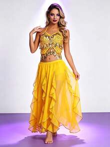 Professional Belly Dance Embroidered Coin Fringe Halter Crop Top, Elastic Waist Gold Trim Chiffon Skirt For Dance Training, Shows And Competitions - Multicolor - View 6