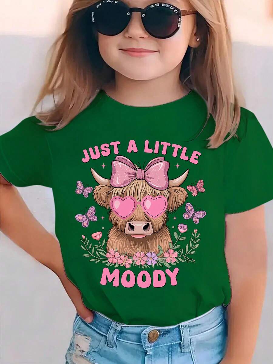 Girls' Short-Sleeved T-Shirt, Summer Style, With The Phrase "JUST A LITTLE MOODY", Pink Bow, Heart-Shaped Sunglasses And Cartoon Print With Flying Butterflies, - 墨綠色 - 查看 1