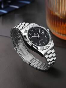 RICECGO Men's Stainless Steel Band Quartz Watch, Minimalist Business Style, Perfect Gift For Any Occasion - Silver - View 2