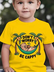 Fashionable Short-Sleeved T-Shirt For Children In Summer With The Print "DON'T WORRY BE CAPPY" And A Cartoon Capybara Lying In A Green Hammock Among Coconut Trees, Casual Top For E - 紅色 - 查看 11